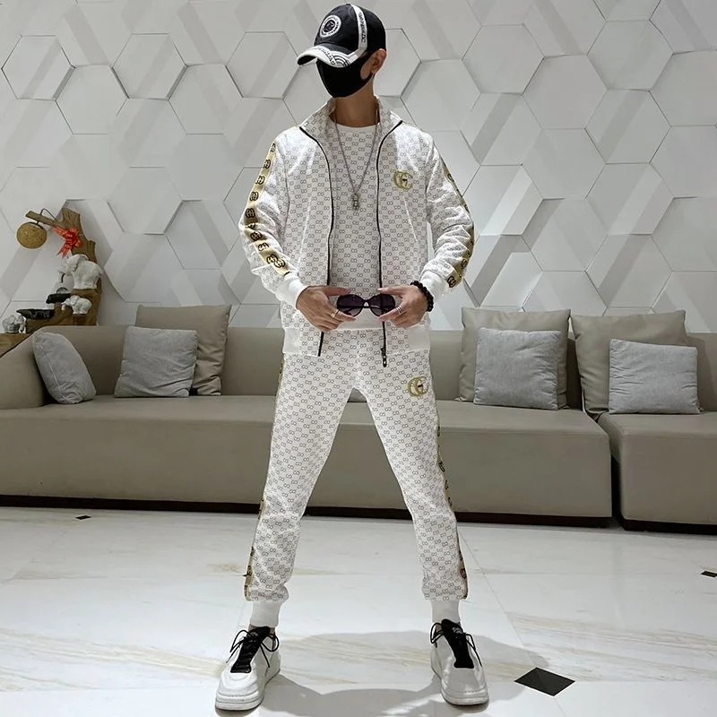 

Роскошный брендовый новый мужской осенне-зимний повседневный спортивный свитер, Модный комплект из трех предметов с вышивкой и лентой