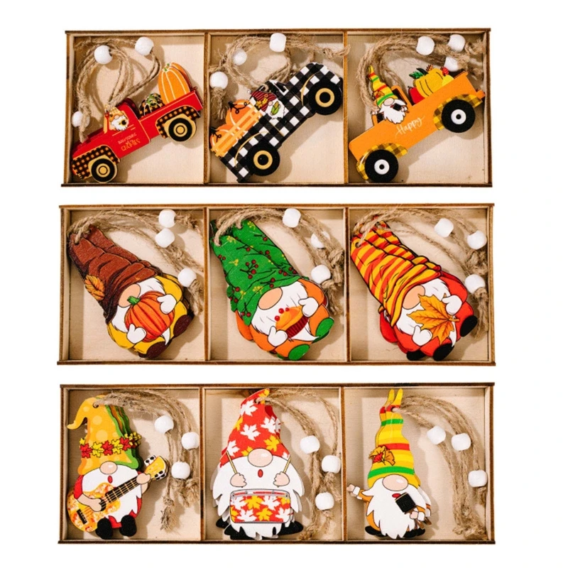 

Wooden Thanksgiving Day Pendant 9pcs/box Hanging Wood Gnome Ornament Crafts for thanksgiving Wall Door Decoration Gift 53CA