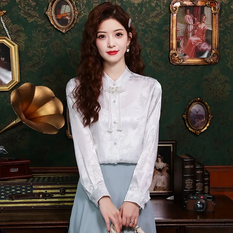 Винтажная белая рубашка с воротником-стойкой в китайском стиле весенний сезон