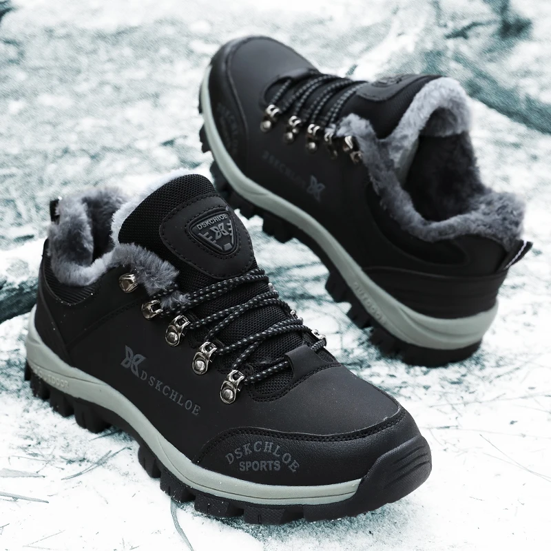 HIKEUP Hiking Shoes Outdoor Men Sneakers Leather Winter Low-Top Plus Wool Men's Shoes Wear-Resistant Climbing Trekking Sports