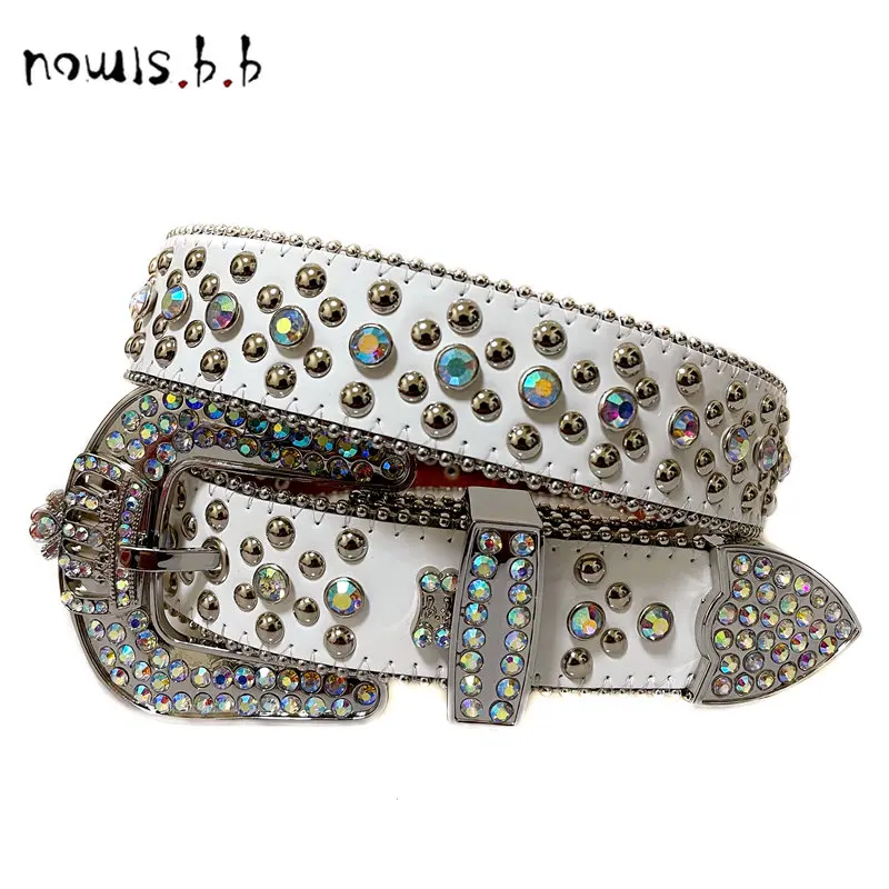 NOWISBB White Rhinestones Belt For Women Men Luxury Strap Crown Buckle Quality Leather Strap With Diamond Western Ceinture Femme