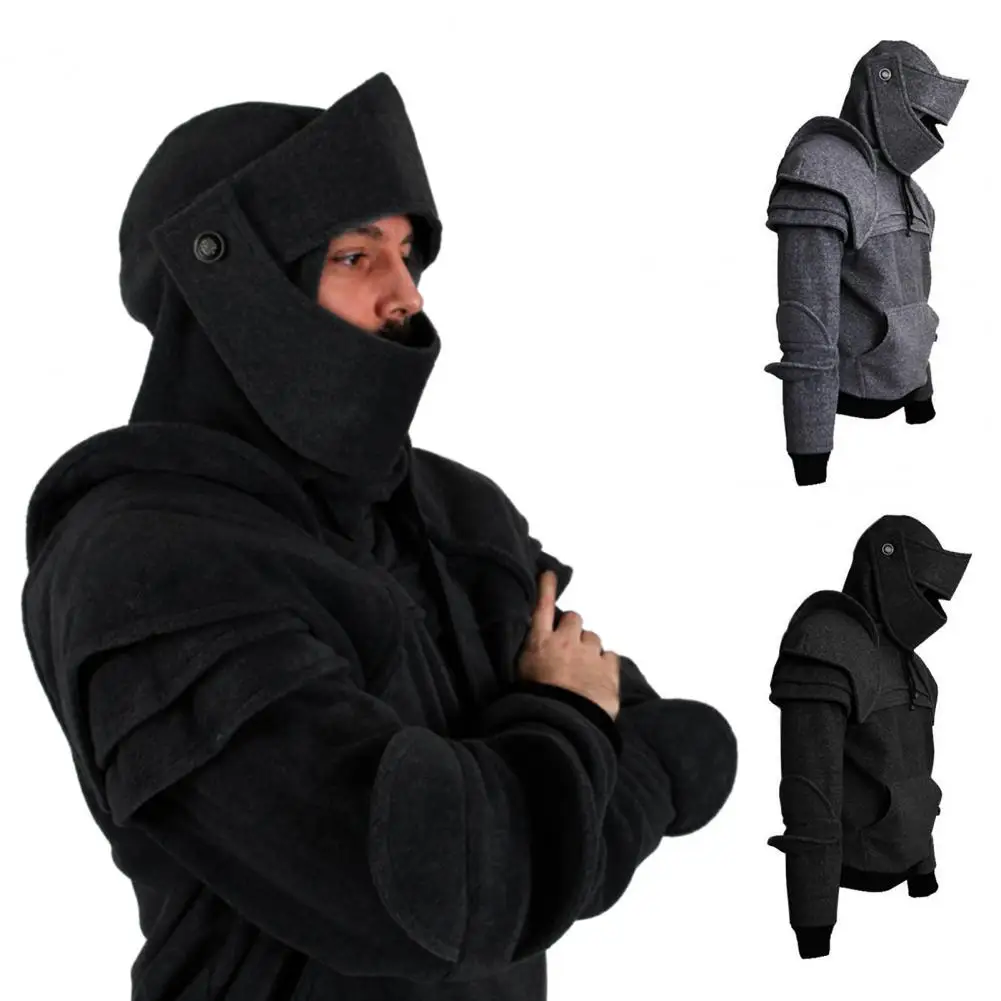 

Chic Men Hoodie Face Cover Warm Medieval Style Front Pocket Medieval Style Hoodie