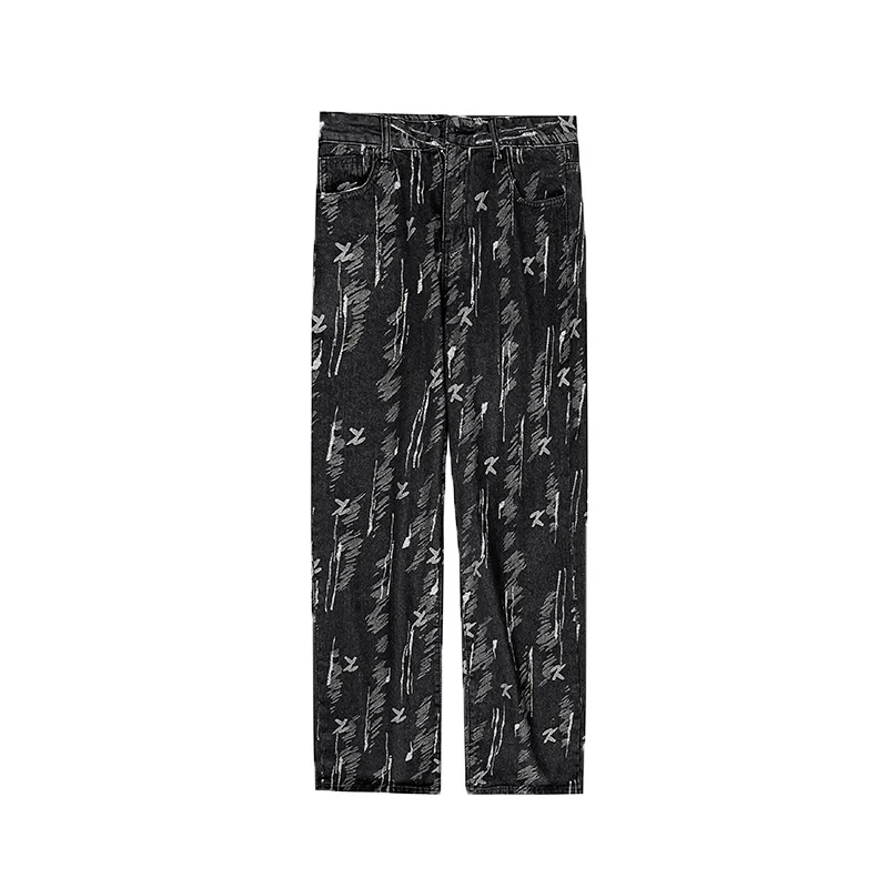 Summer Blue Black Jeans Men Fashion Retro Printed Jeans Men Streetwear Hip Hop Loose Straight Denim Pants Mens Trousers S-3XL