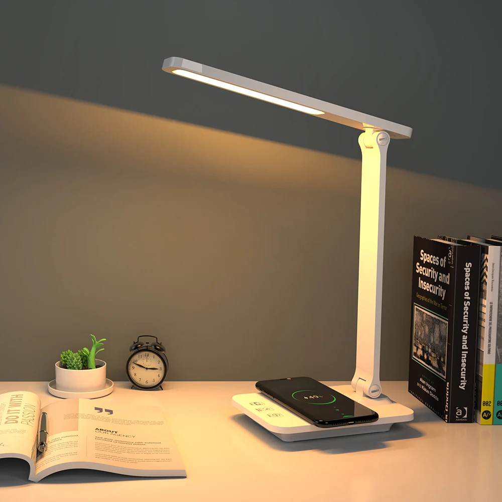 

Led Desk Lamp 15W Qi Wireless Charging 3 Color Stepless Dimmable Touch Foldable Table Lamp Reading Eye Protect Study Night Light