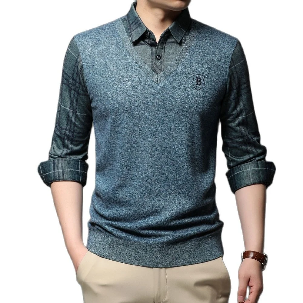

Top Quality New Style Fashion Brand Slim Fit Fake Two Plaid Trendy Mens Shirt Long Sleeve Casual Korean Designer Clothes Men