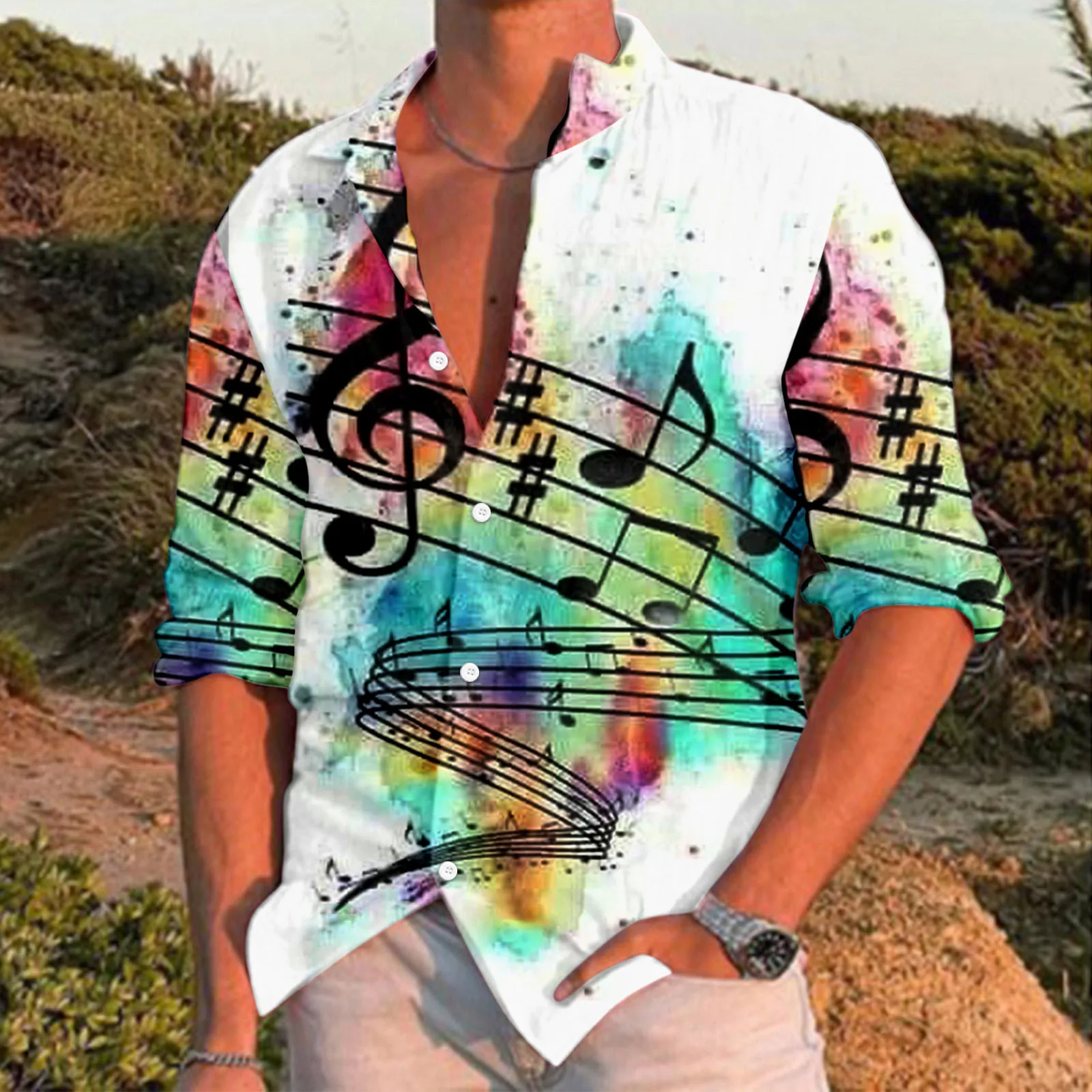 

Men's Shirts For Men Autumn Hawaiian Beach Shirt Music Note Print Long Sleeve Tops Fashion Tops Tee Oversized Male Blouse Camisa