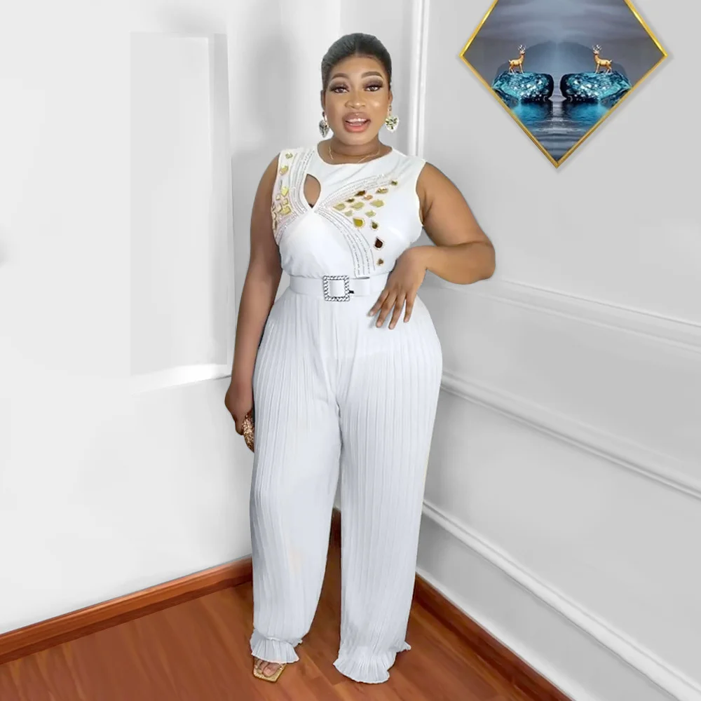 Plus Size 2023 Fashion New Round Neck Sleeveless Hot Diamond Casual Loose Women's Belt Curled Hollow Out Commuter Jumpsuit