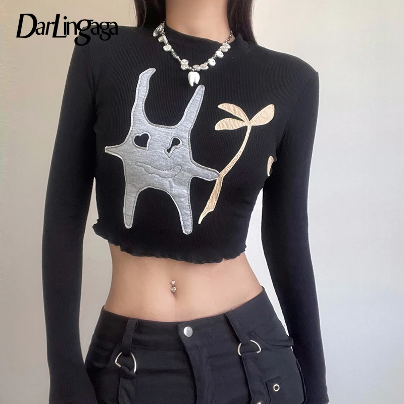 

Darlingaga Korean Kawaii Knit Autumn Tee Women Long Sleeve Frill Patches Embroidery Cropped Top Bodycon Casual T shirts Cartoon