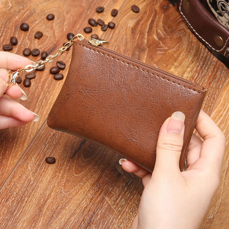 

Кошелек с масляным вощеным узором, органайзер для наушников, кошелек для мелочи, сумка для ключей на молнии с брелоком, однотонный кошелек, ж...