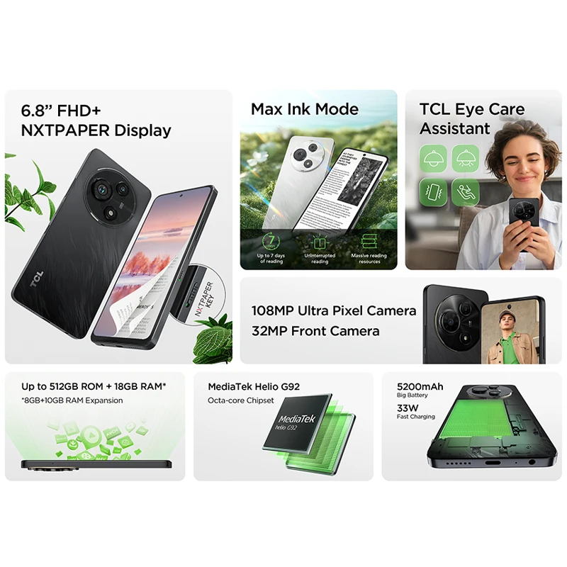 Фото Смартфон TCL 60 NXTPAPER с дисплеем, имитирующим бумагу, 6,8'' FHD+, 5200 мАч, 108 МП камера, восьмиядерный процессор, для любителей книг. №4