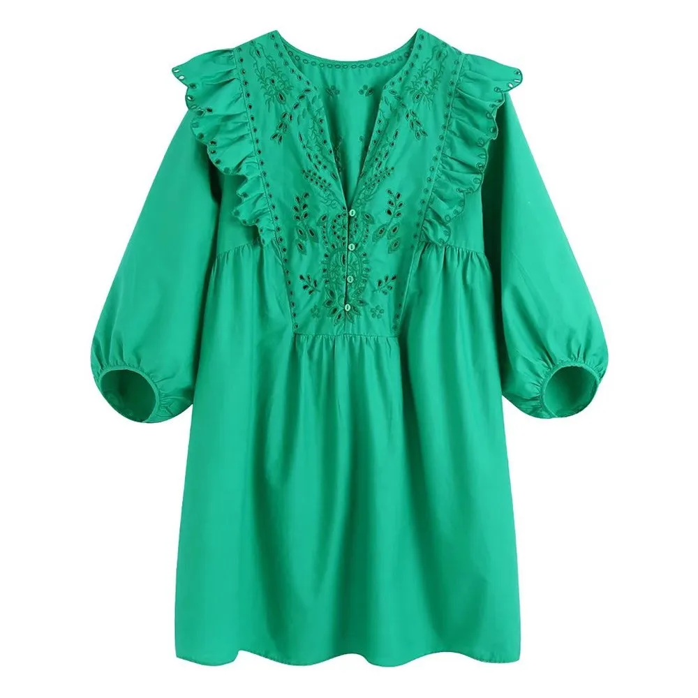 

Мини-платье Huaxiafan женское с вышивкой, модный поплиновый сарафан с оборками, винтажный фасон с пышными рукавами, на пуговицах спереди