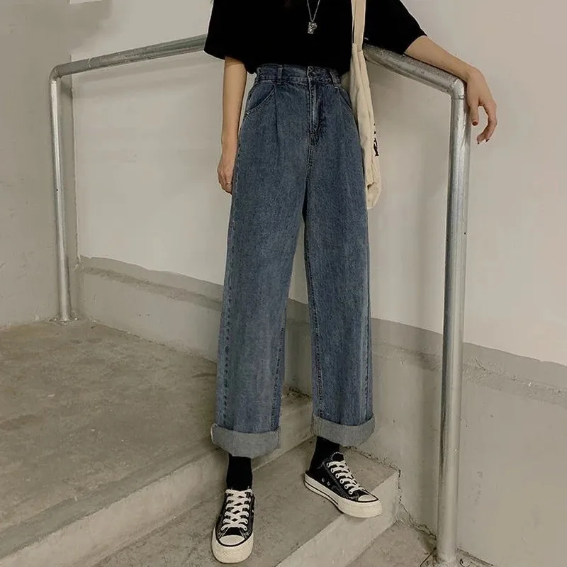 

Jeans Women BF Style Retro High Waist Leisure Denim Teens Wide Leg Trousers Basic College Chic Popular All-match Fall Jeans