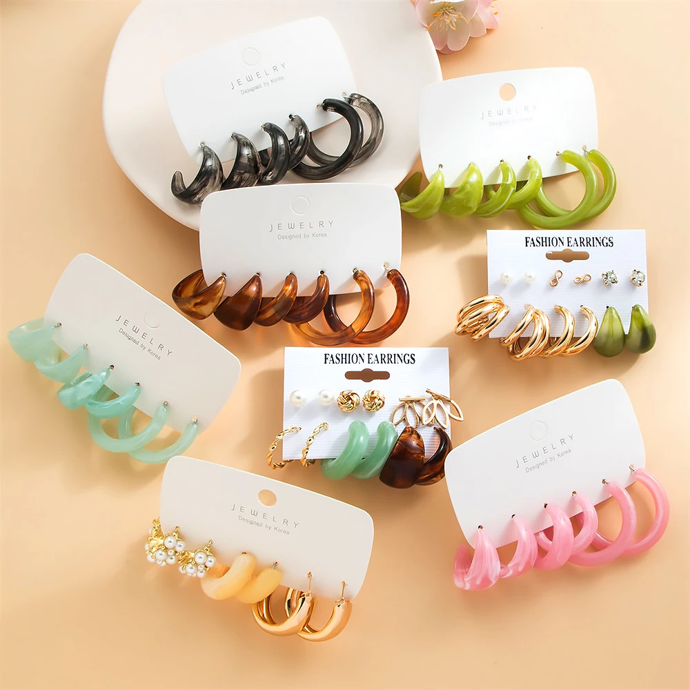 

FNIO Korean Style Candy Color Geometric C-Shaped Metal Acrylic Earrings Set For Women Travel Party Jewelry Gifts