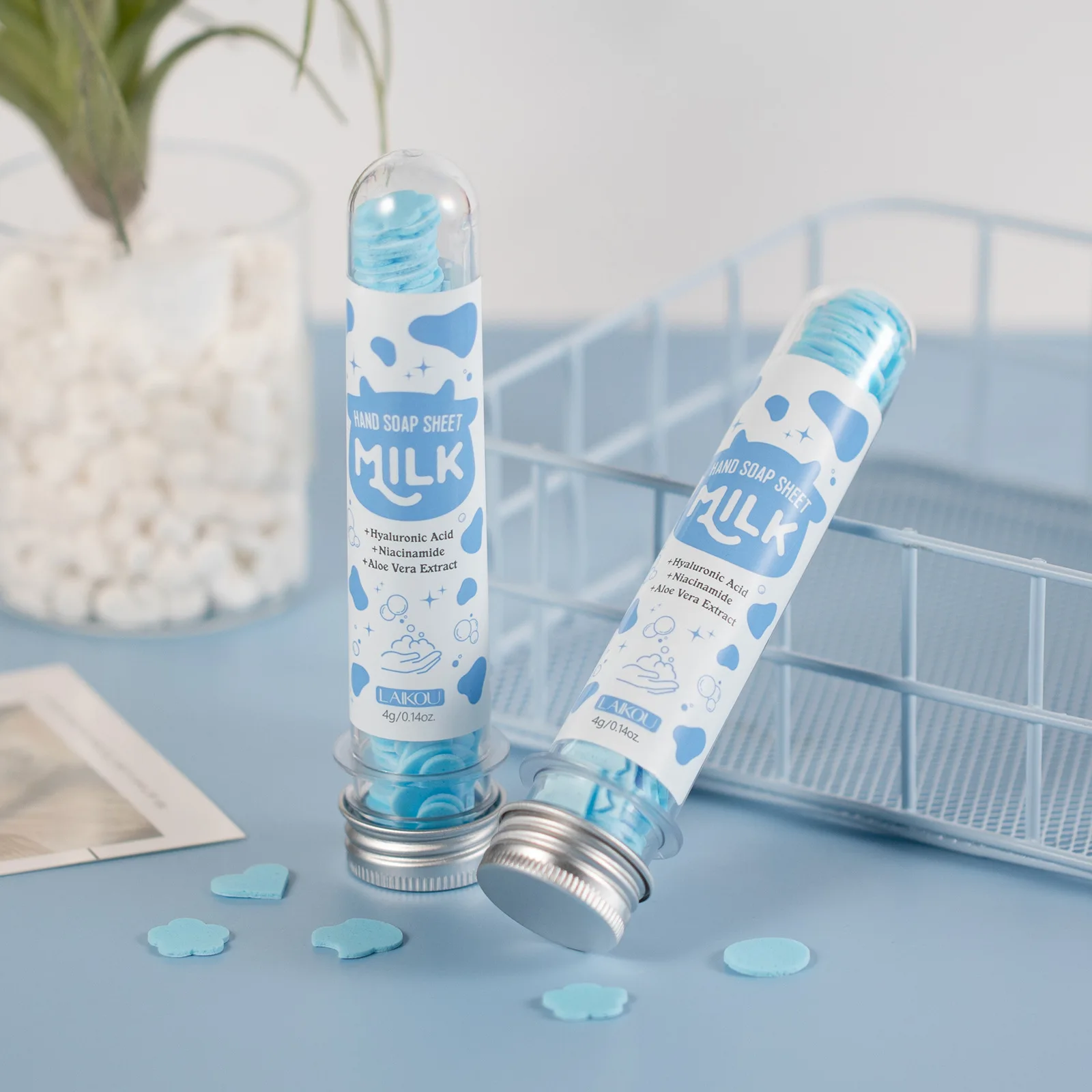 Фото Портативные мыльные таблетки LAIKOU 4 г, дезинфицирующее средство для рук в виде молочной бумаги, пенящиеся мыльные таблетки для мытья рук в дороге, увлажняющие. №1