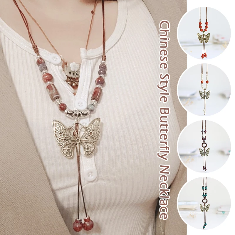 

Chinese Ethnic Style Vintage Ceramic Butterfly Pendant Necklace Women Long Sweater Chain Necklace Hanfu Tassel Pendant Accessory