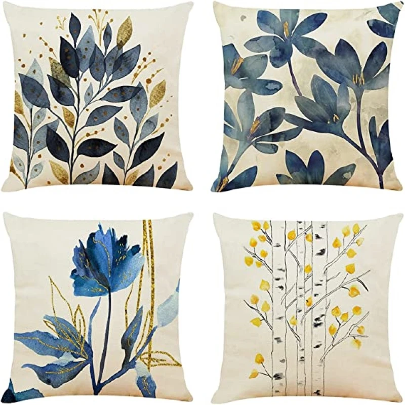 

Pillow Covers 18x18 Inch, Blue Flowers Cushion Cover Soft Linen Square Decorative for Living Room Sofa Couch Bed Pillowcases