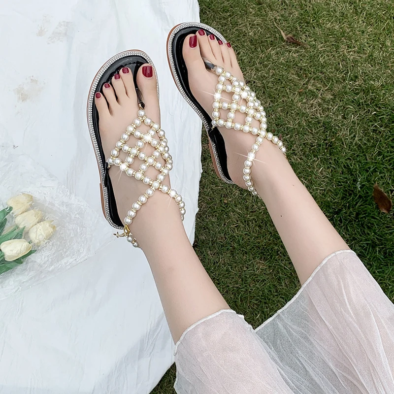 Сандалии женские с мягкой подошвой универсальные туфли жемчугом плоская подошва