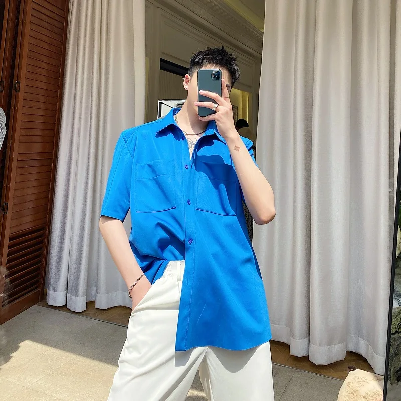 Флуоресцентная желтая синяя мужская рубашка с коротким рукавом корейская мода
