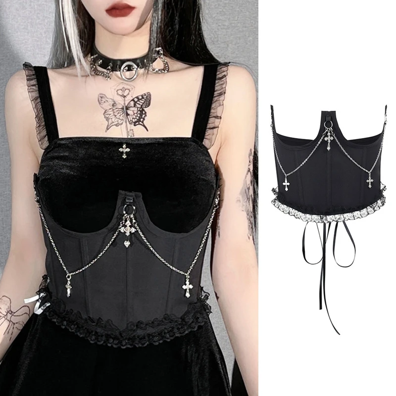 

Gothic Solid Color Lift Up Female Waist Corset with Dangle Chain Women Fashion Slimming Waistband Adjustable Corsets