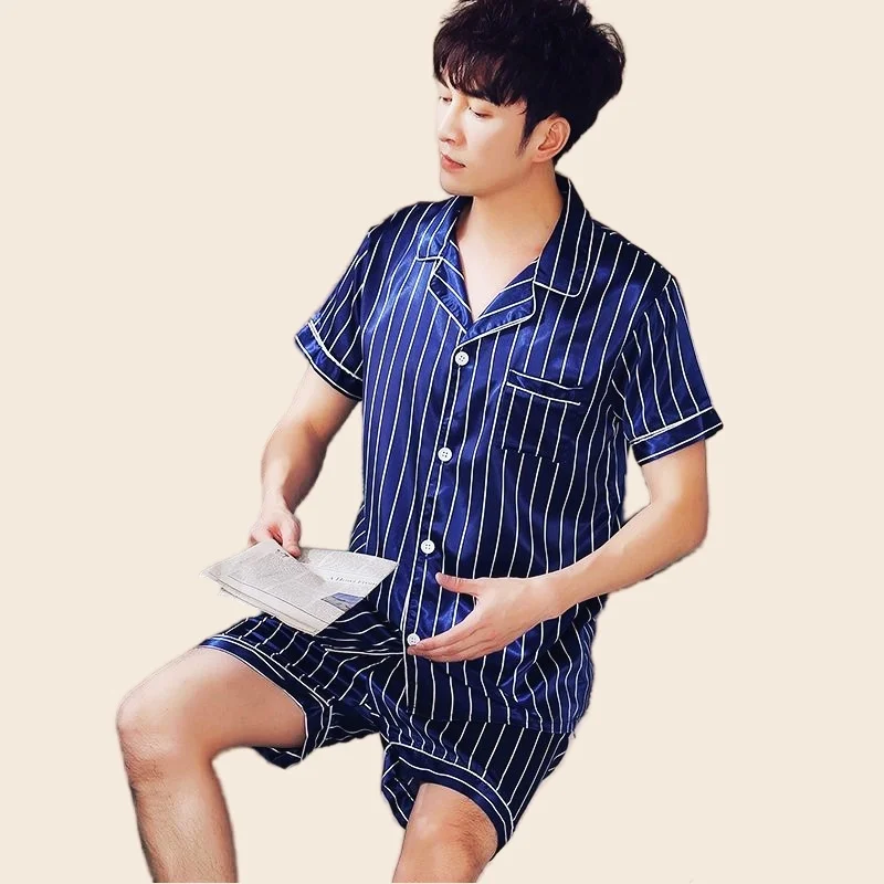 Men's Summer Pajamas Set Short Sleeve T-shirt Shorts 2Piece/Set Sexy Stripe Print Pyjama Big Size Homewear Cozy PJS