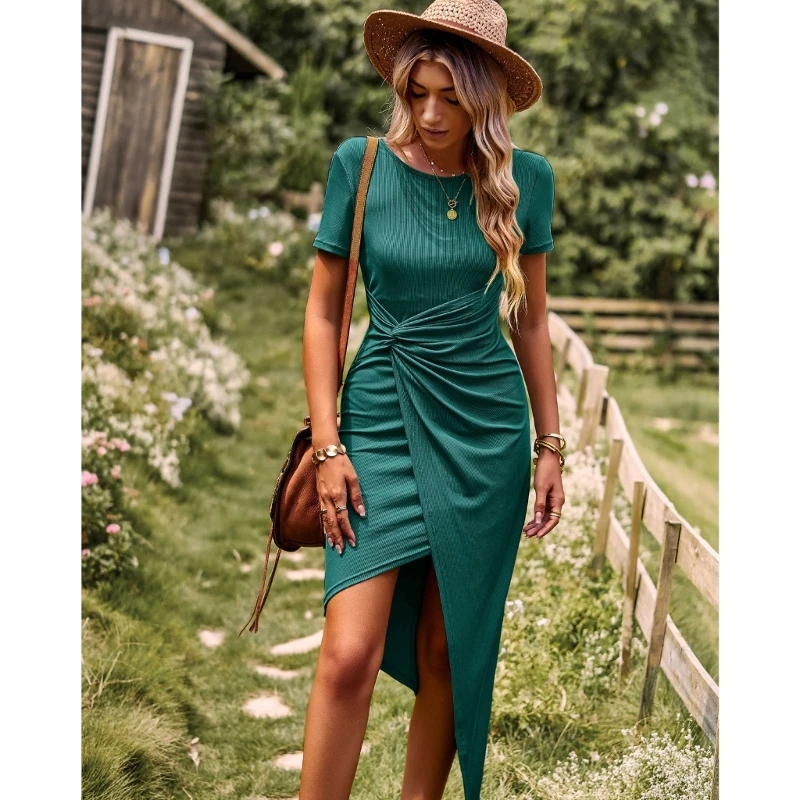 

Женское асимметричное облегающее платье миди с коротким рукавом, высокой талией и рюшами спереди, Прямая поставка