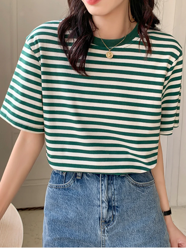 

Mozuleva New 2022 Women's Spring Summer Striped Printed T-shirt Casual Loose Fashionable Lady Short Sleeve Tops Female Tees