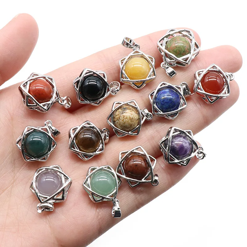 

1pcs Six Star Pendant Crystal Agate Green Aventurine Amethyst Tiger Eye Lapis Lazuli Natural Stone Leather Rope Necklace