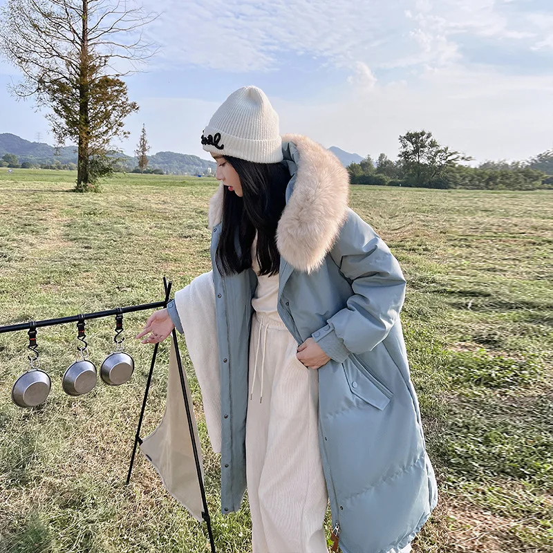 Winter New Fashion Mid Long Down Cotton Coat Women Big Fur Collar Hooded Loose Thicken Warm Padded Jacket Female Clothing Parkas