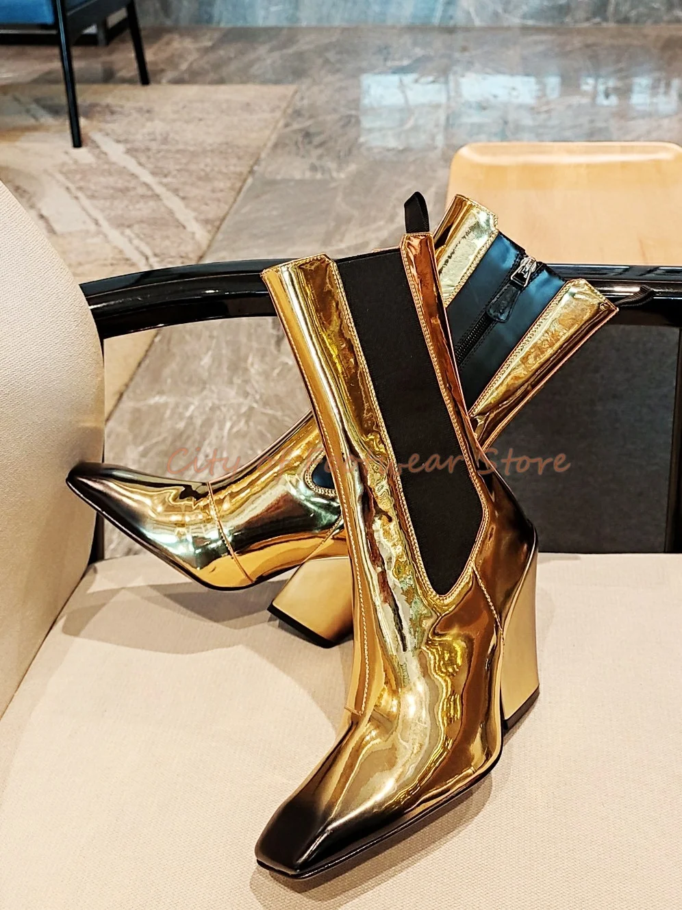 

Женские кожаные ботинки до середины икры, черные, розовые ботинки с квадратным носком на танкетке и высоком каблуке, с металлическим блеском, дизайнерские ботинки, 2023