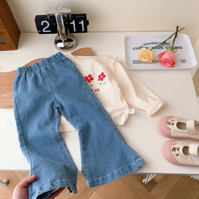 

Spring Kids bell-bottoms Children solid color denim Pants Girls casual all-match Flared trousers