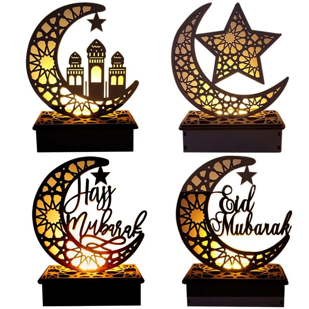 

Ramadan Decoration 2PCS Wooden Crafts Ornaments Creative Gurbang Eid Mubarak Ramadan Moon Hollow Letters LED Lights Ornaments