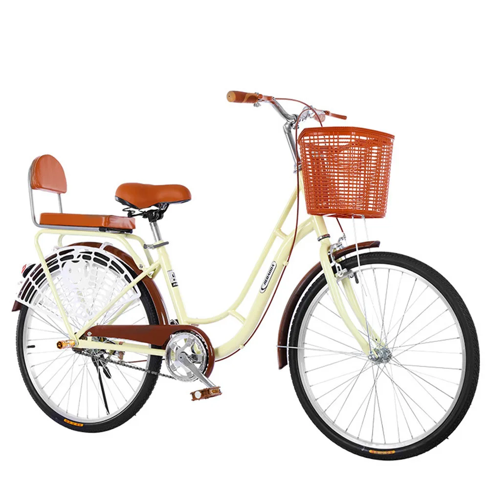 

Aldult Bicycle 24/26 Inch Single Speed Bike Pneumatic Tire Low Span Highway Outdoor Riding Casual Commute with Basket