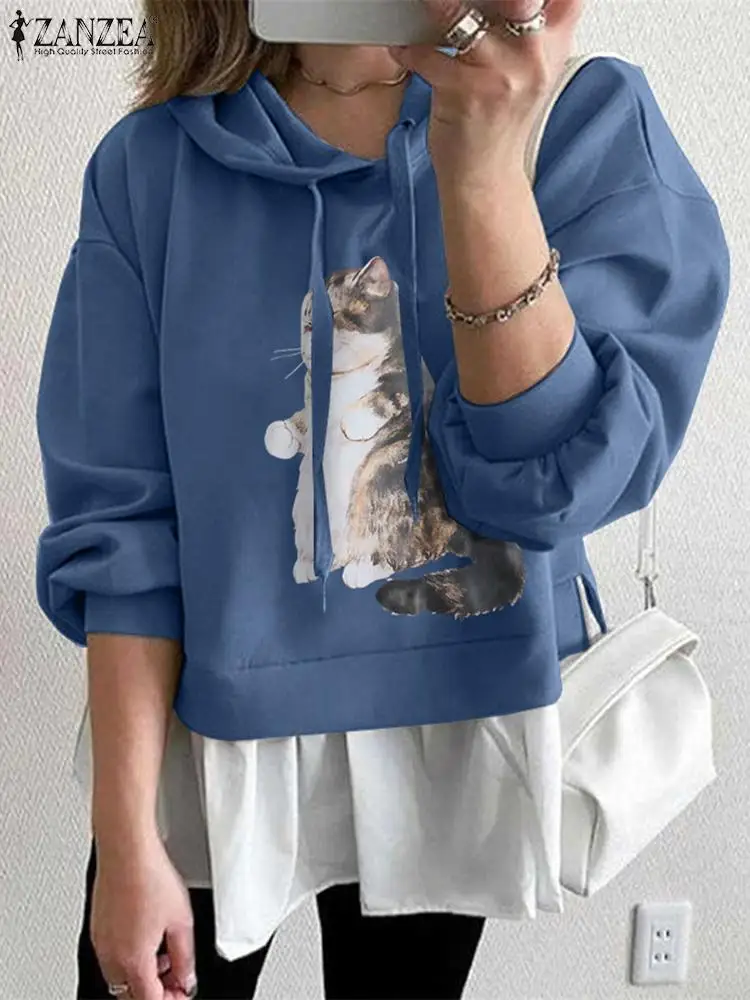 

Свитшот ZANZEA, женские модные Лоскутные Топы с капюшоном, весенний пуловер OL с длинным рукавом, толстовки с принтом животных, повседневные Большие размеры, 2023