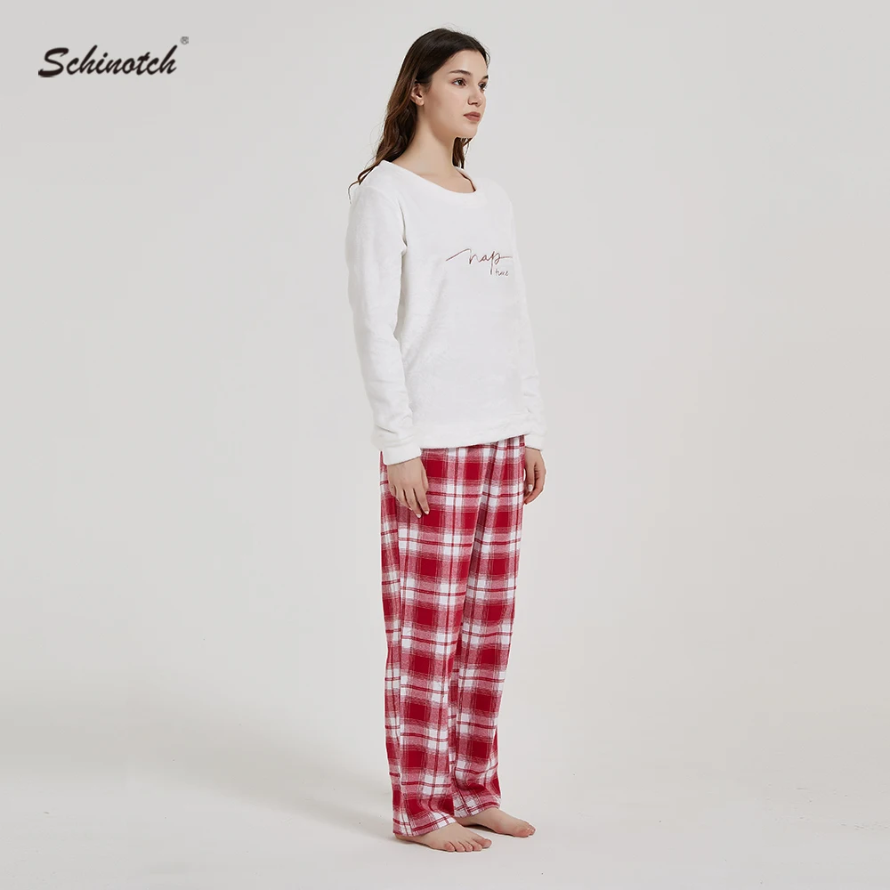 Women Pajamas Set Autumn Winter Warm Coral Fleece Top and Plaid Cotton Brushed Pants Nightwear Loungewear Ladies Sleeping Pants