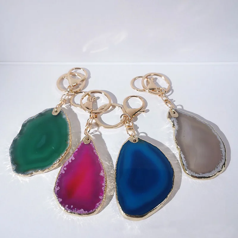 

Agate Druzy Geode Gold Plated Edge Irregular Shaped Electroplating Colored Agate Slice Keychain Key Ring Hanging Decor Gifts