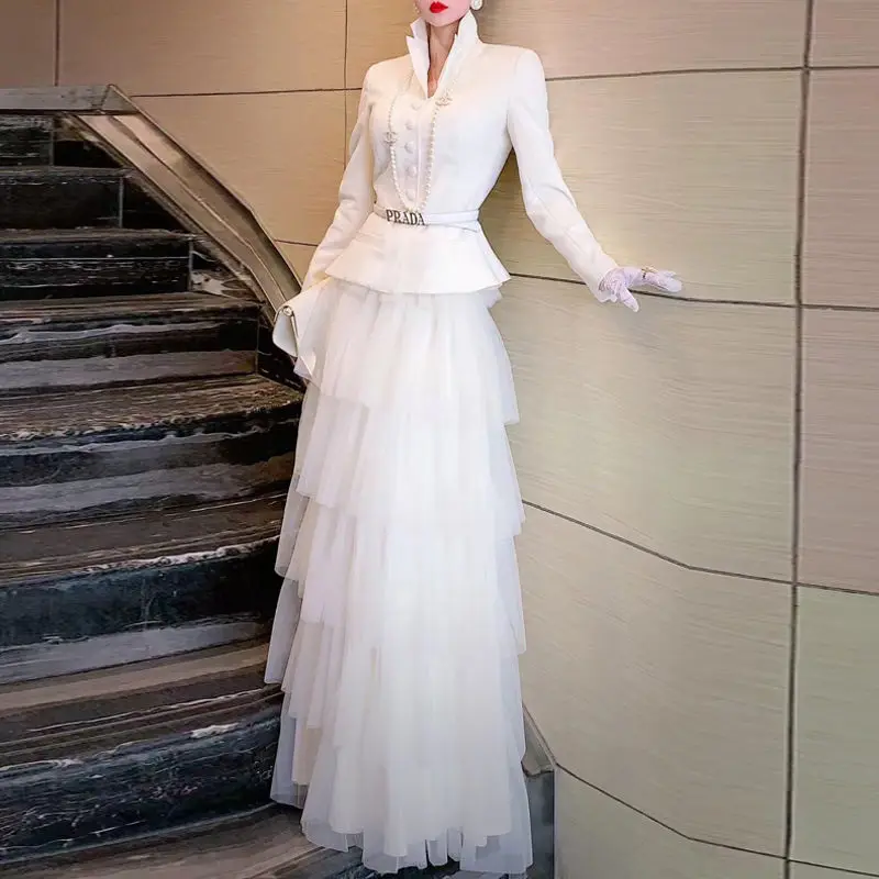 

Женский костюм из двух предметов, куртка на пуговицах с длинным рукавом и длинная свободная газовая юбка, R348, весна-осень 2022