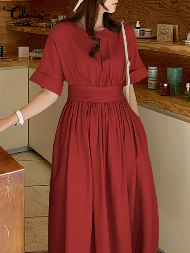 

2022 Summer Women Elegant Long Dress With Pockets Celmia Fashion Short Sleeve Party Sundress Casual Pleats A Line Maxi Vestidos