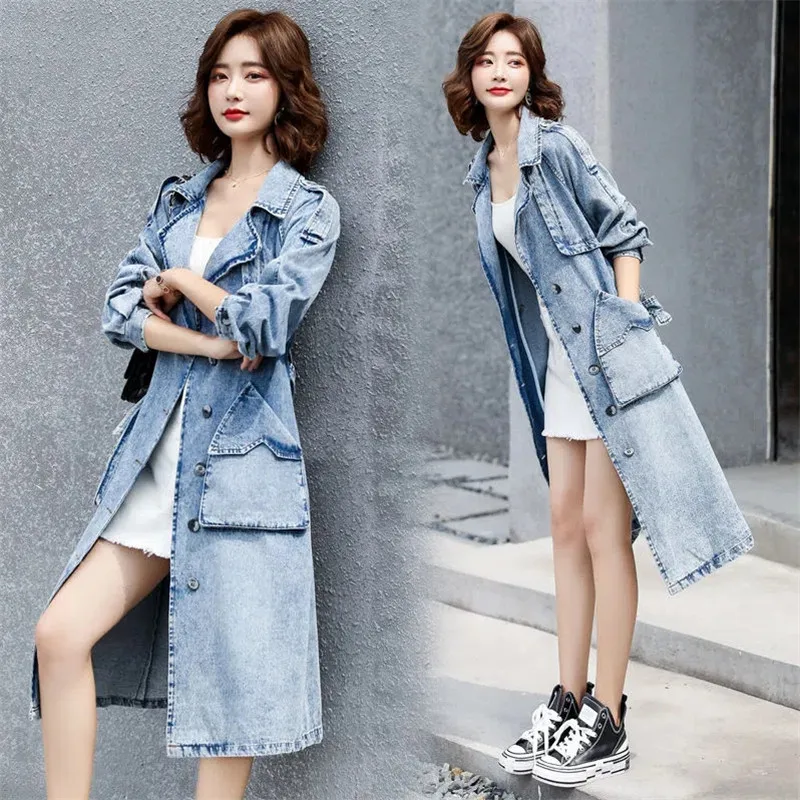 

2023 Spring Autumn New Women Denim Trench Coat Female Was Thinner Mid-Length Over-The-Knee Windbreaker Casual Jackets Fashion