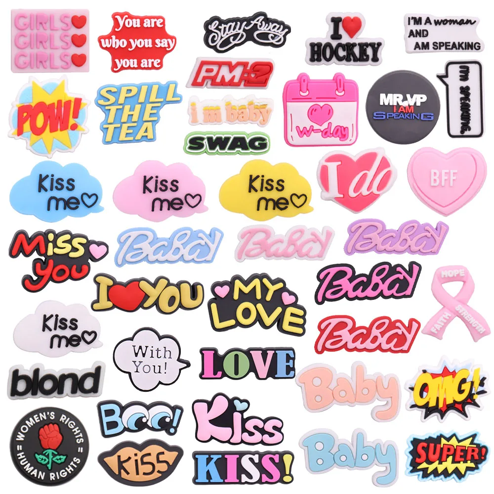 

1-36PCS PVC Shoe Charms Girls Stay Away Woman Speaking Spill The Tea Baby Kiss Me Miss You Croc Jibz Buckle Button Decorations