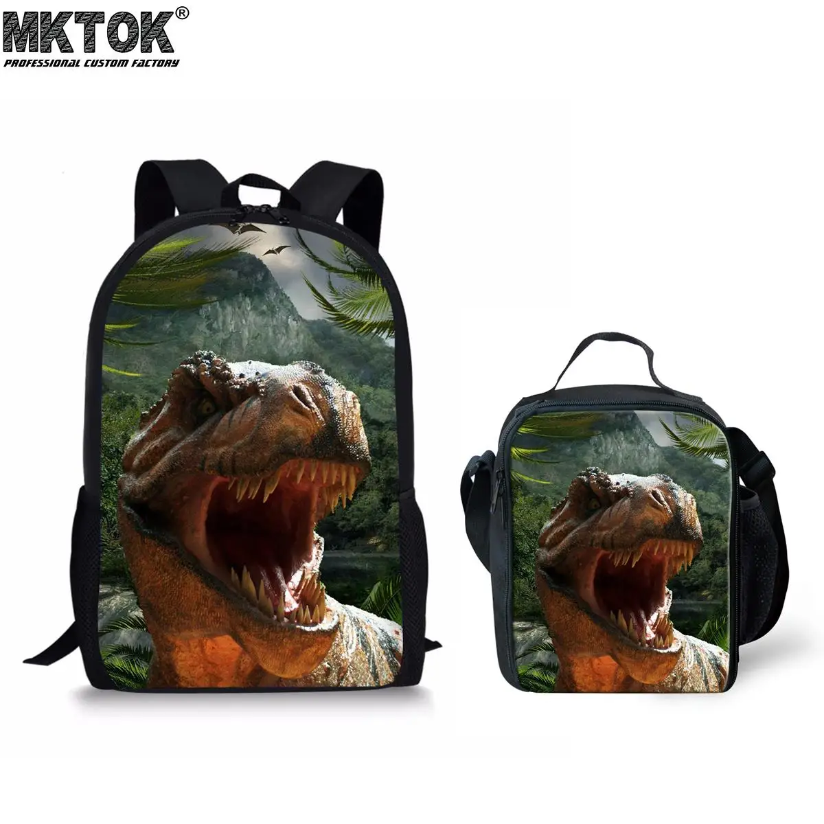 Ferocious Dinosaur Design Boys School Bags Set Cool Students Mochila 2pcs Customize Children Backpacks Free Shipping
