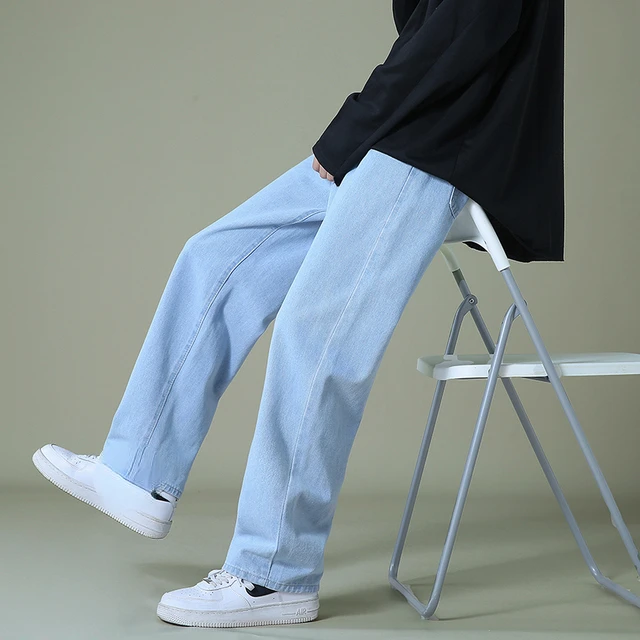 2022New Autumn Men Denim Wide-leg Pants Korean Style Straight Light Blue Baggy Jeans Elastic Waist Student Trousers Male Black G