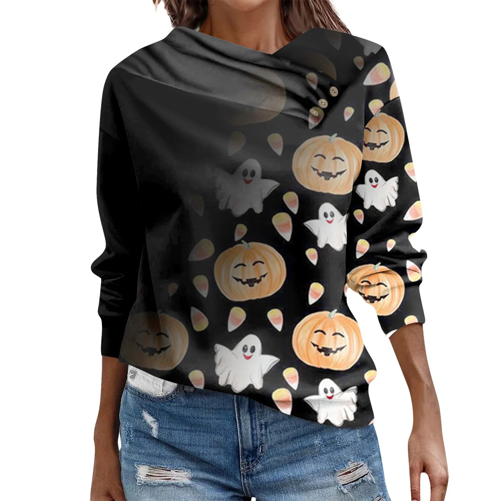 

Женские толстовки на Хэллоуин, свободные свитшоты, топы с принтом тыквы, призрака, Осенние повседневные пуловеры с длинным рукавом, женская уличная одежда