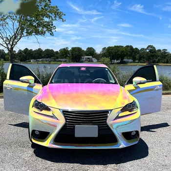 18m x 1.35m Holographic Rainbow Chrome Pink Car Body Vinyl Wrap Styling Film Roll Sticker Decals High Gloss Chameleon Color