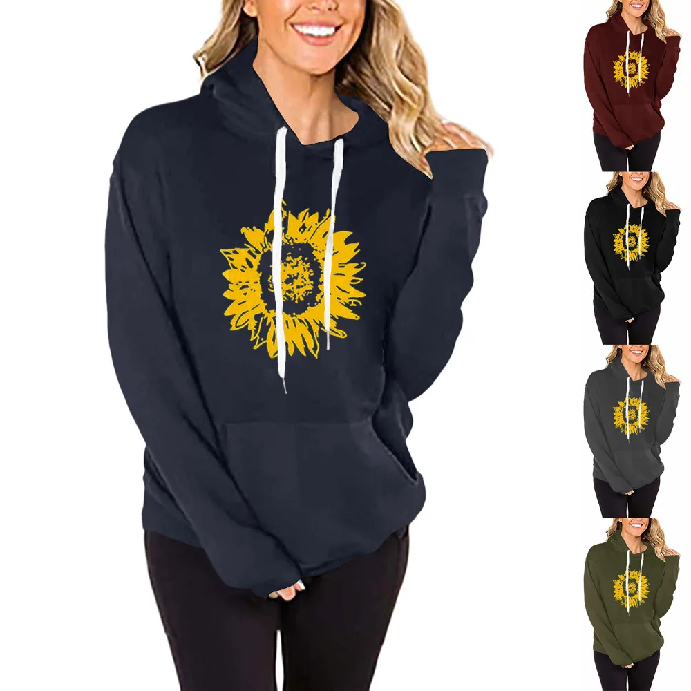 

2022 Women's Sweater Sunflower Print Hooded Long Sleeve Sweater