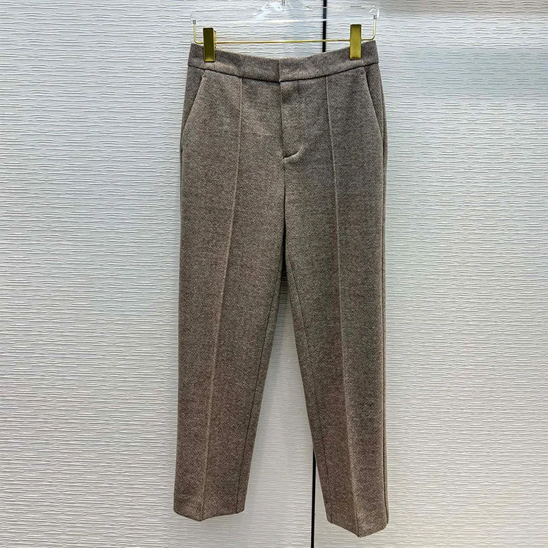 

Herringbone Pattern Wool Blend Straight-leg Pants Woman 2022 Autumn Winter Warm High Waist Loose Trousers Office Lady Casual