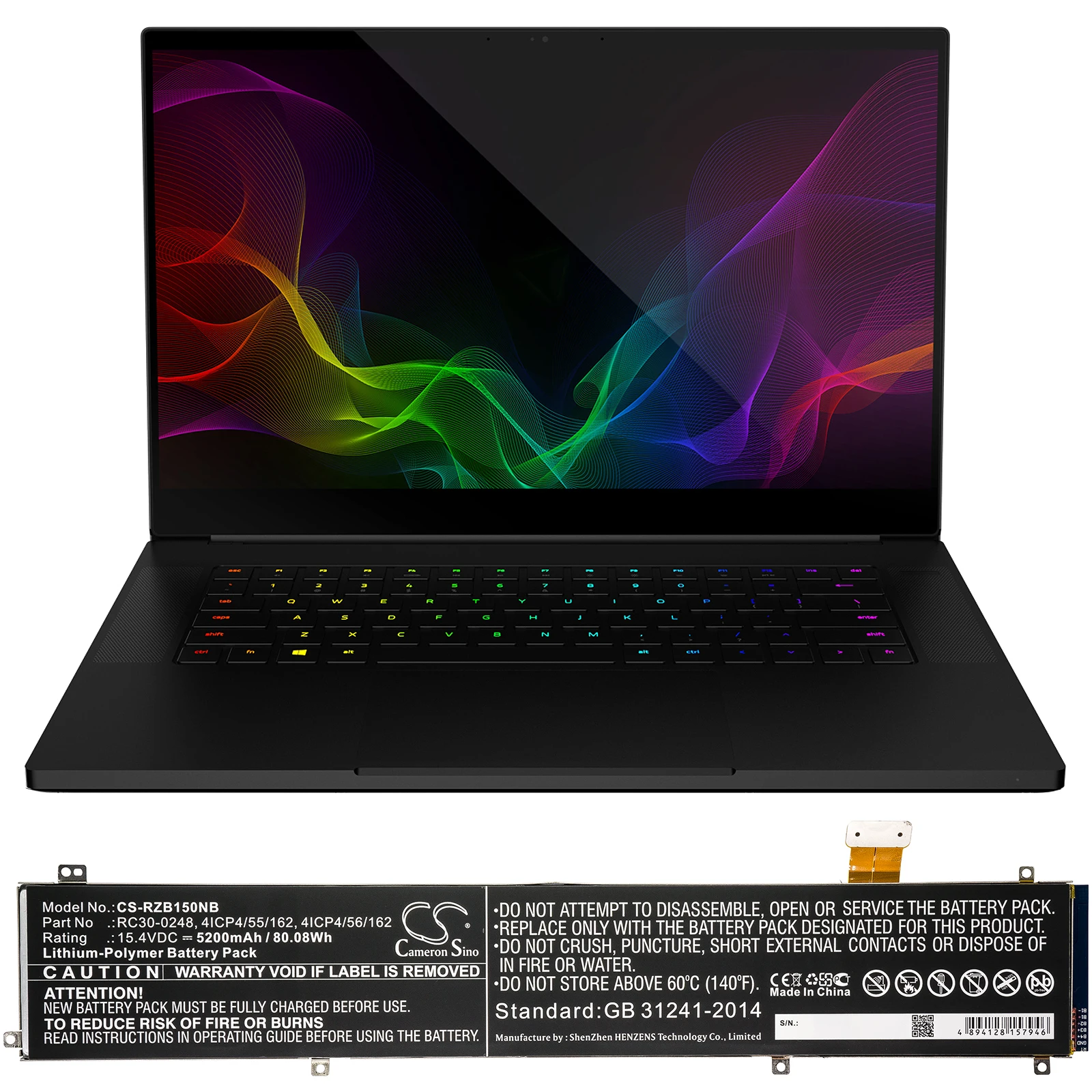 Фото Сменный аккумулятор CS для Razer Blade 15 2018 512 ГБ 144 Гц, Blade 15 Advanced, Blade 15 RTX 2070, артикул: RC30-0248, 5200 мАч / 80,08 Вт·ч №1
