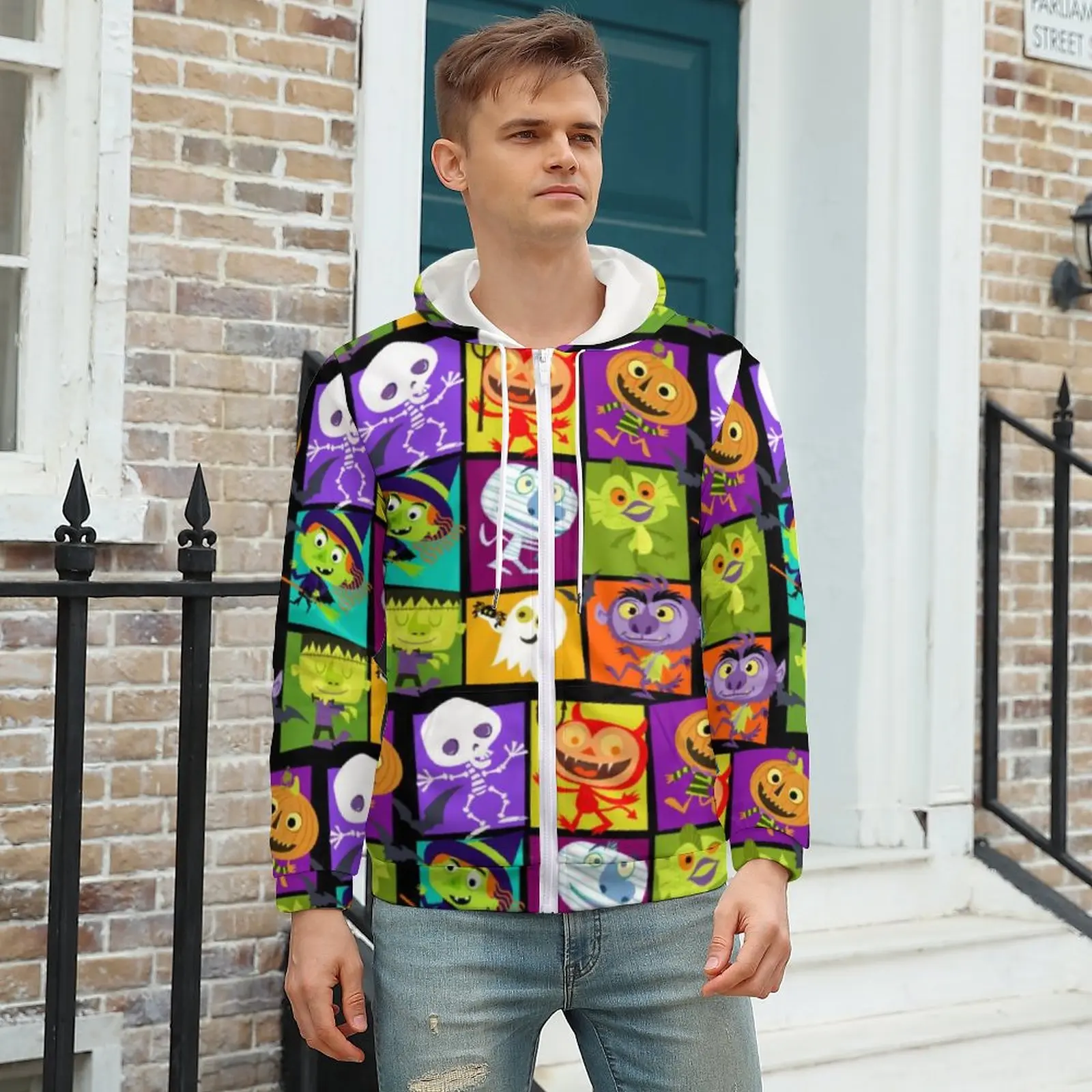 

Halloween Monsters Hoodie Retro Cartoon Cute Warm Hoodies Streetwear Mens Zip Up Hoodie Mens Over Size