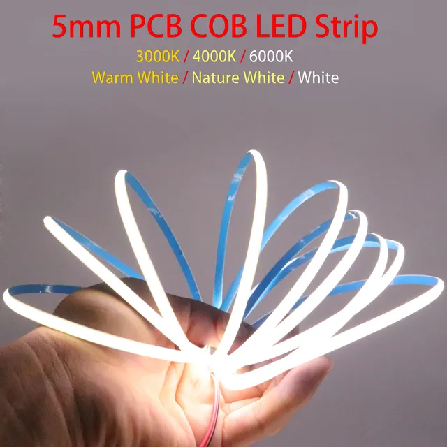Super Thin 5mm COB LED Strip 384LEDs/m Soft Flexible DC12V/24V Light Bar Warm Cold White for Decor Lighting 3000K 4000K 6000K 1
