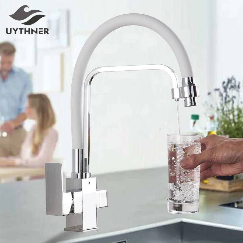 

Chrome Waterfilter taps kitchen faucets Dual Handle Deck Mounted Mixer Tap 360 Degree rotation Water Purification Feature Crane