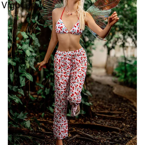 VigoCasey Sexy Cherry Print Halter 3PCS Mesh Pants Bikini Set Swimwear Women 2023 High Cut Thong Swimsuit Backless Bathing Suit
